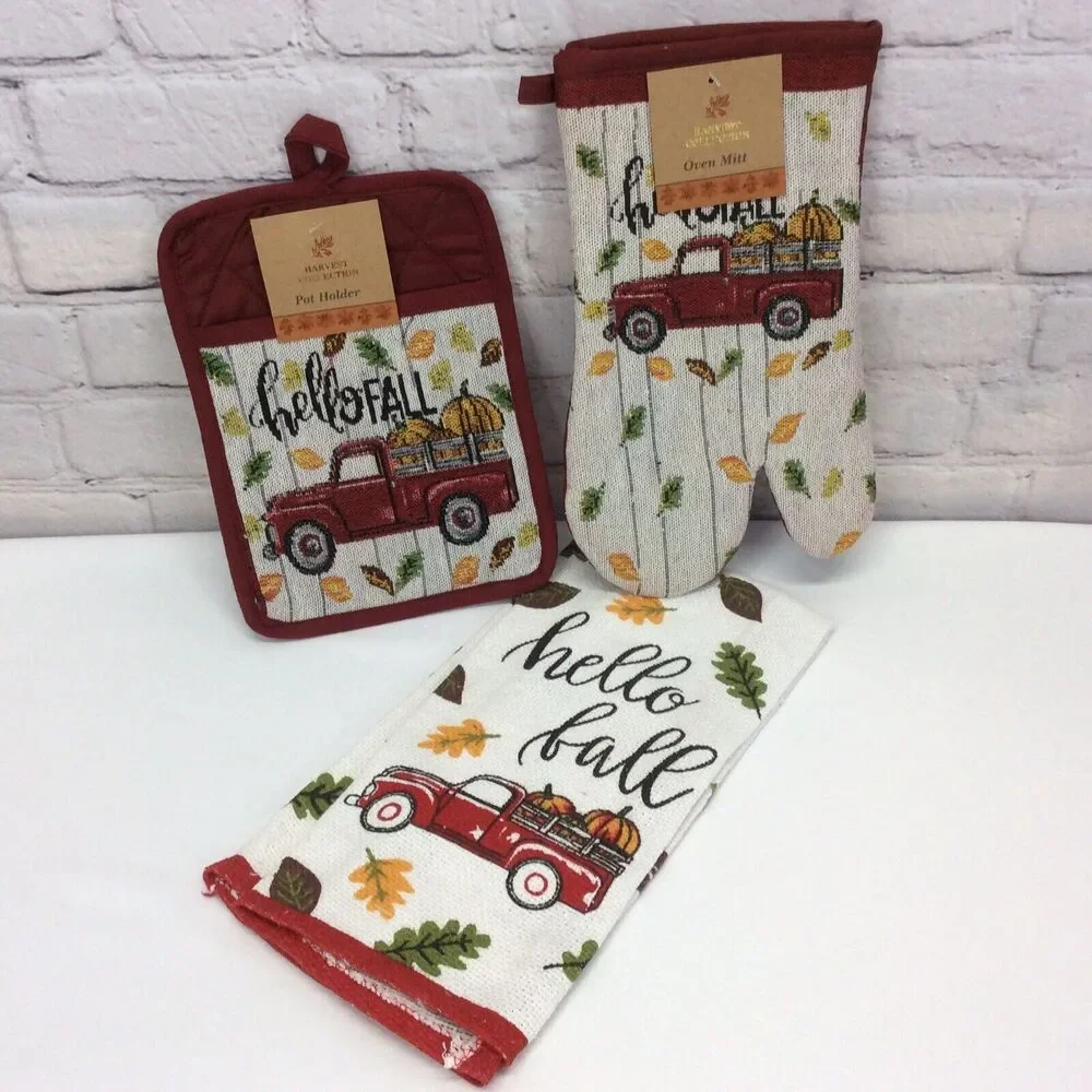 Hello Fall Red Truck 3Pc Kitchen Set Dish Towel/Pot Holder/OvenMitt Multicolored